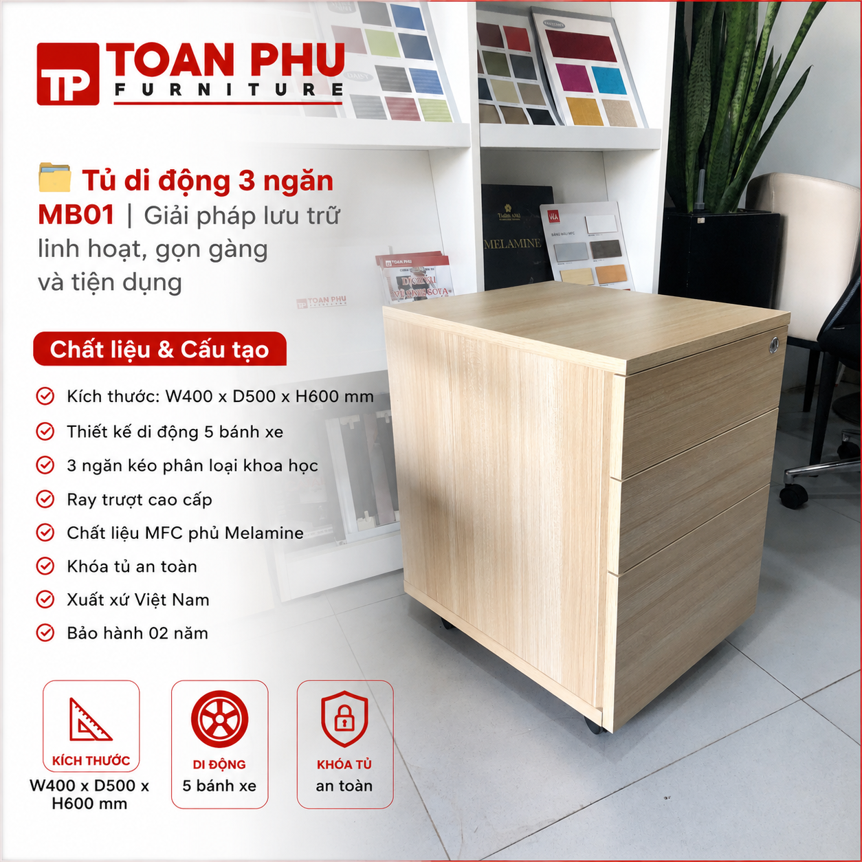 Tủ di động 3 ngăn MB01 - Ảnh 3