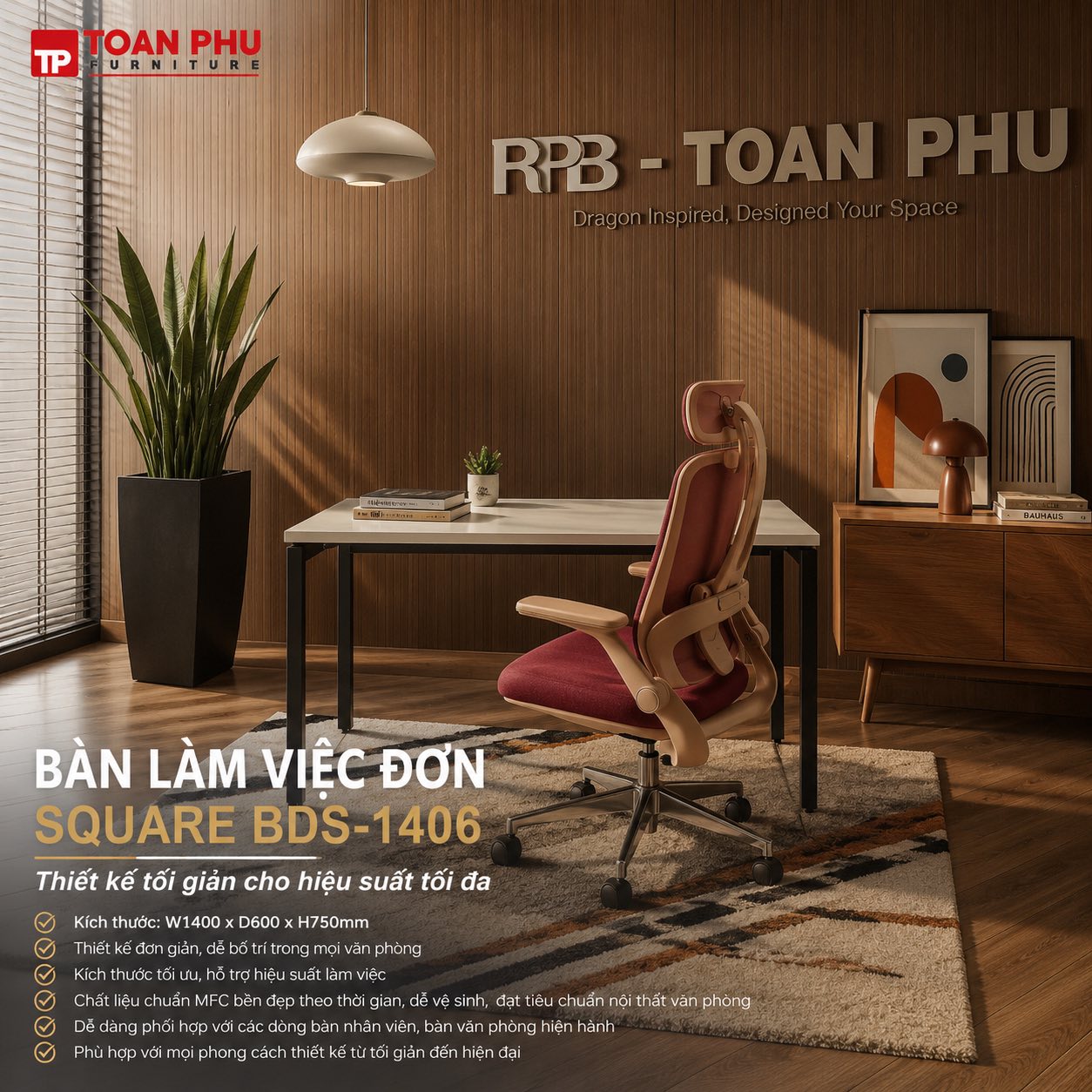 Bàn làm việc đơn Square BDS-1406 - Ảnh 3