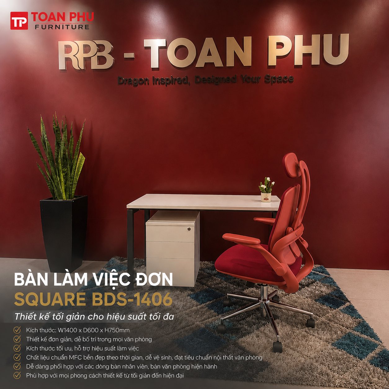 Bàn làm việc đơn Square BDS-1406 - Ảnh 4