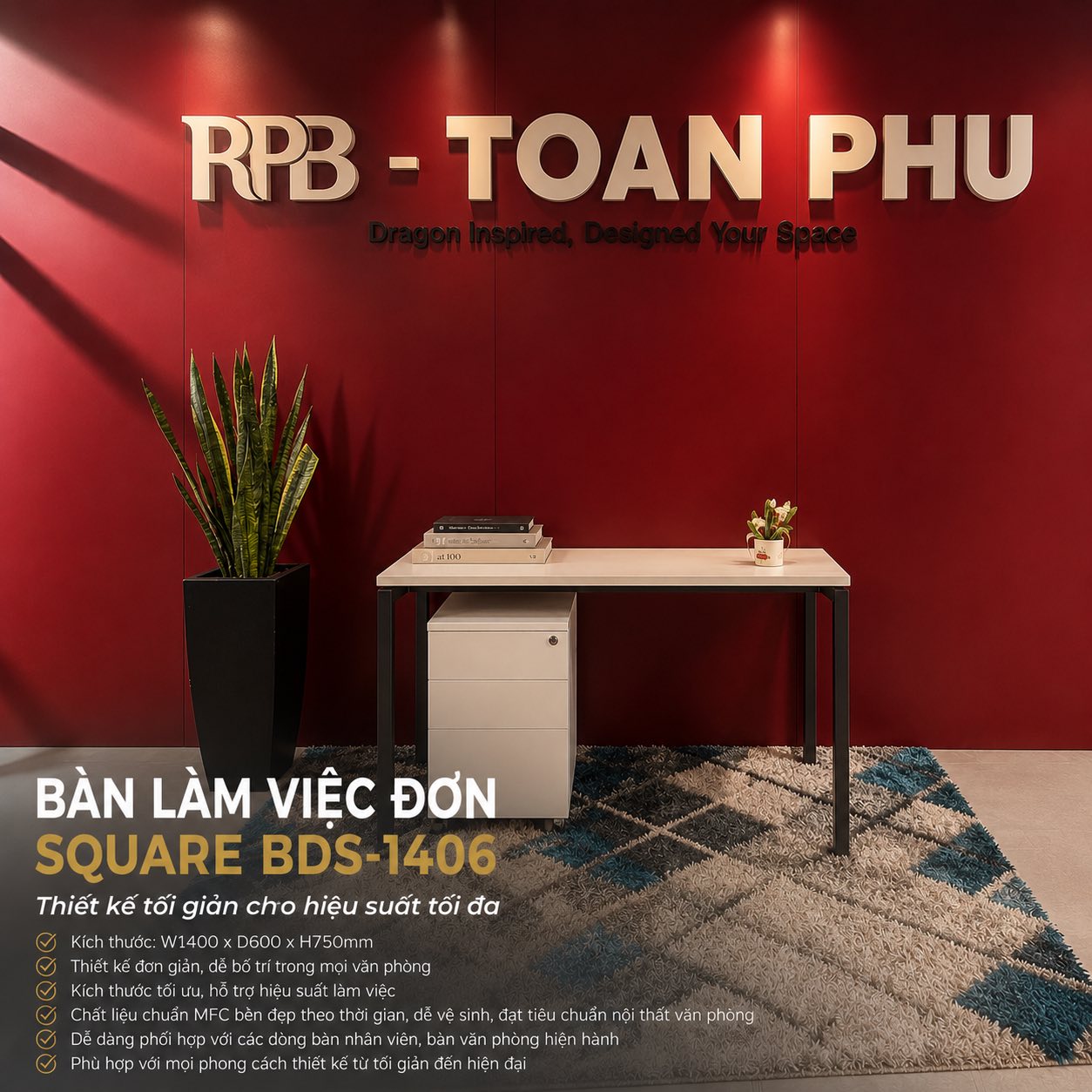 Bàn làm việc đơn Square BDS-1406 - Ảnh 2
