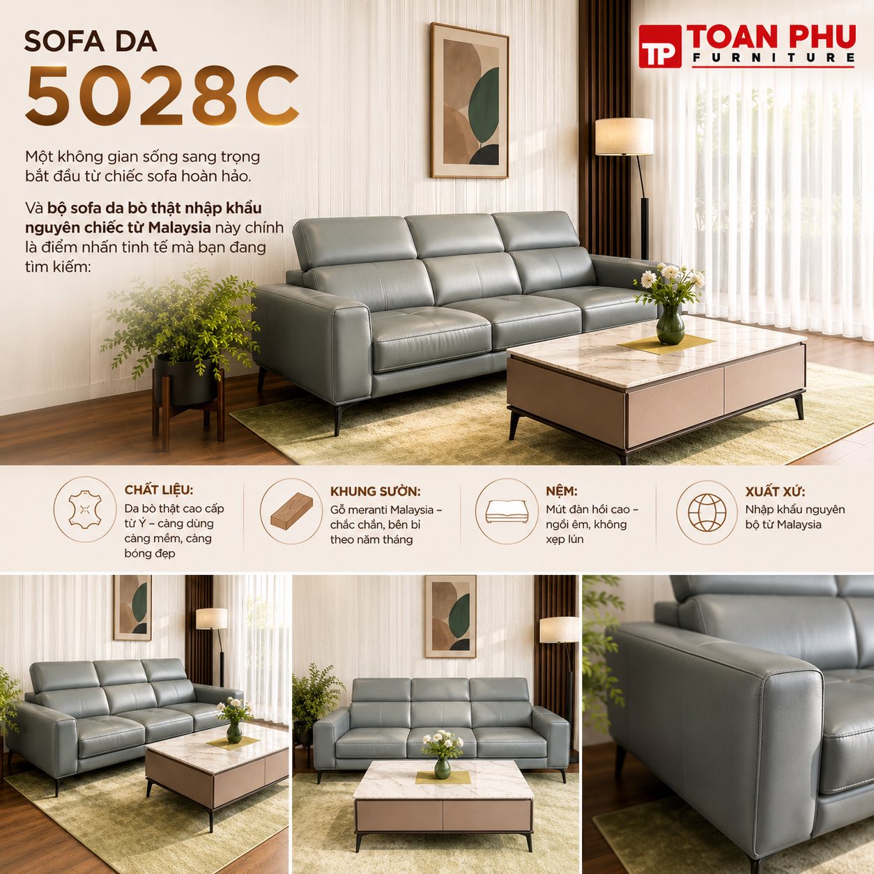Sofa Băng Da Cao Cấp 5028C - Ảnh 2