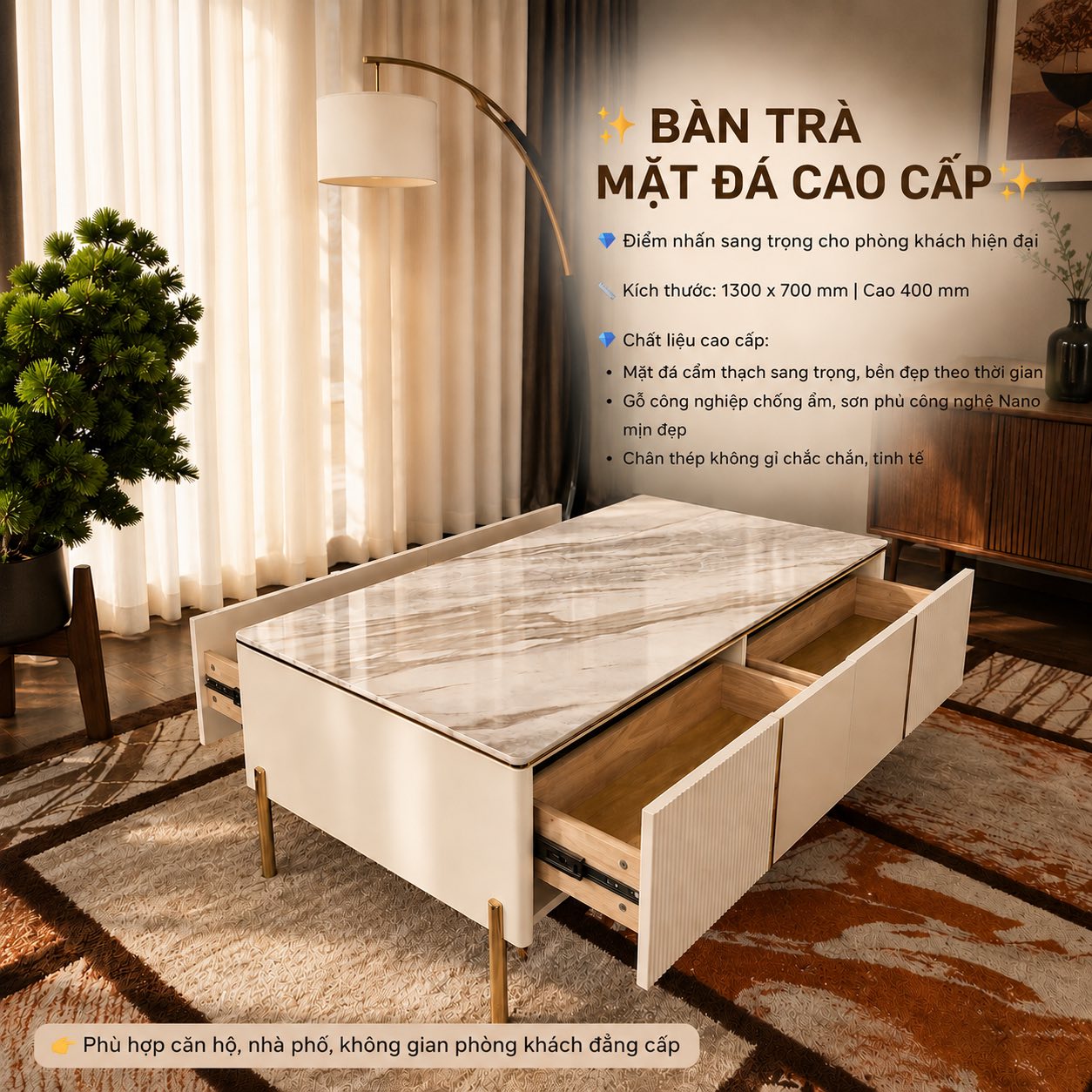 Bàn Trà Mặt Đá F9-130 - Ảnh 5