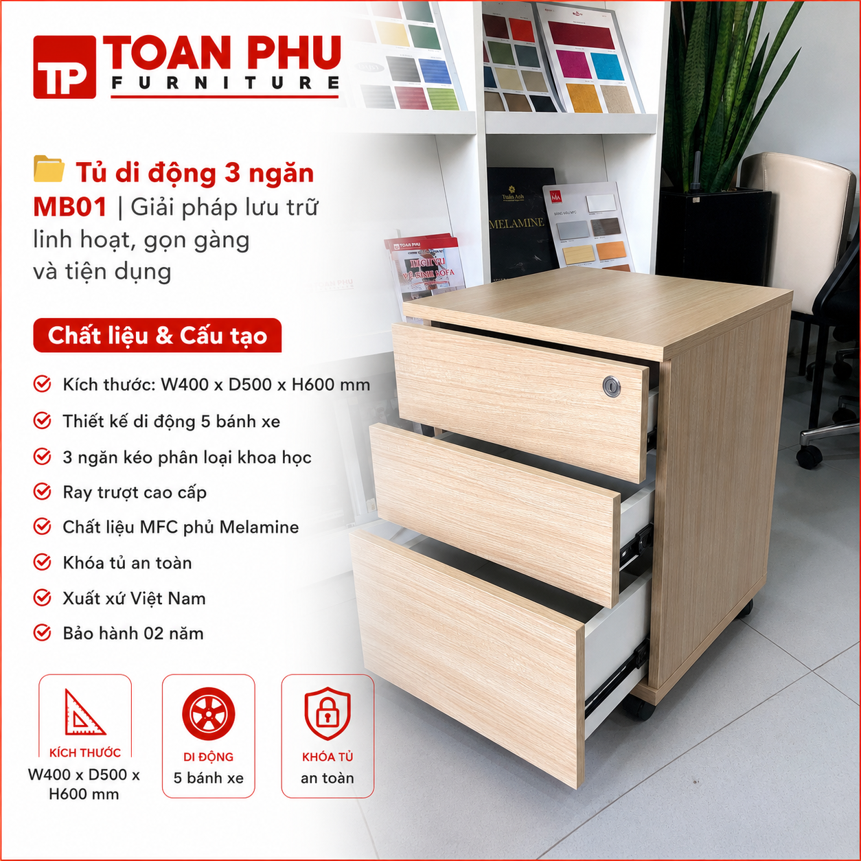 Tủ di động 3 ngăn MB01 - Ảnh 2